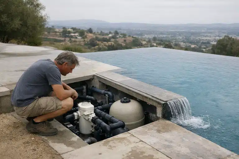 Piscine à débordement moderne avec vue panoramique, installation technique et système de récupération d'eau