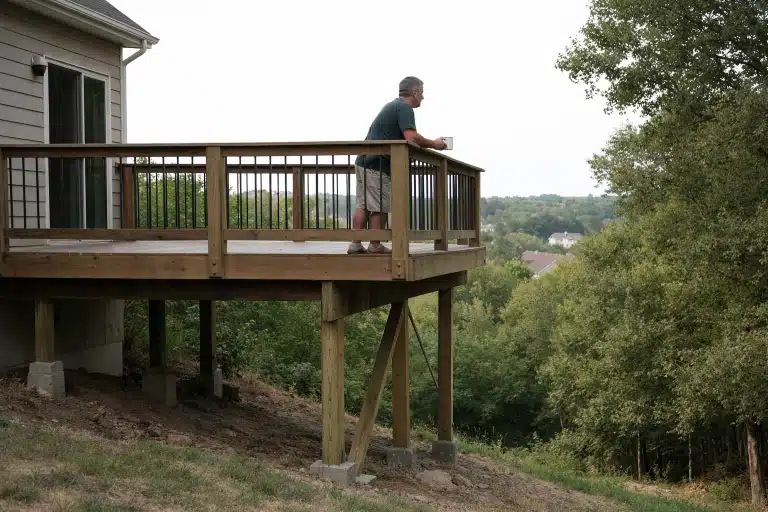 terrasse en bois sur pilotis avec support métallique et vue extérieure