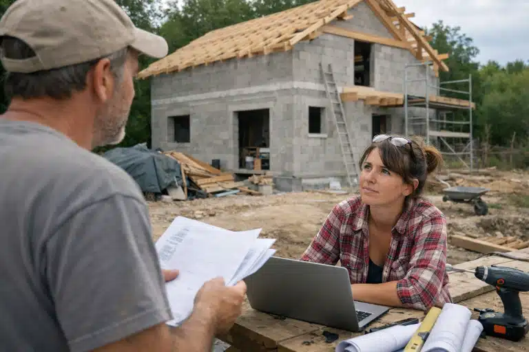 Femme et homme examinant plans devant maison en construction