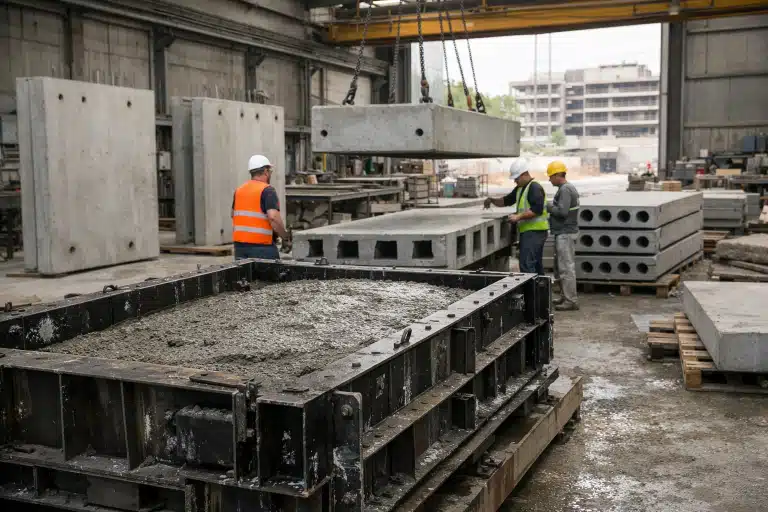 Ouvriers guidant une dalle préfabriquée levée par grue