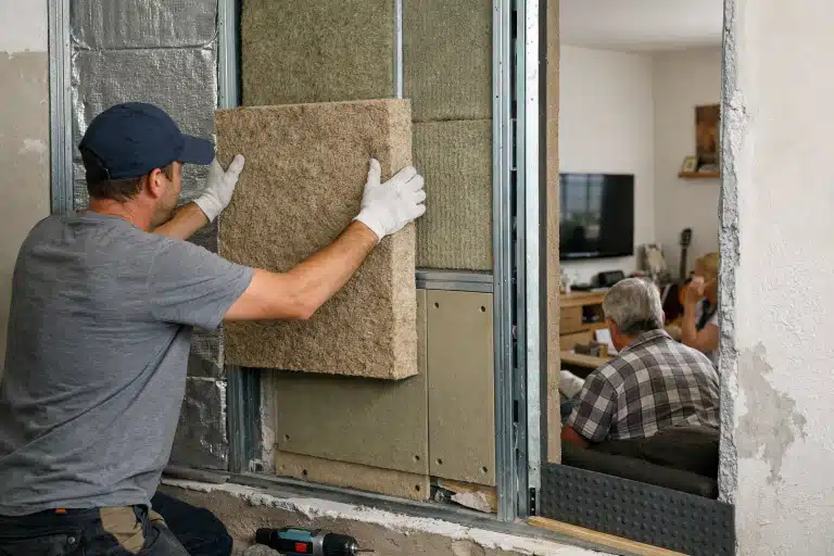 Ouvrier posant panneau d'isolation dans cloison intérieure