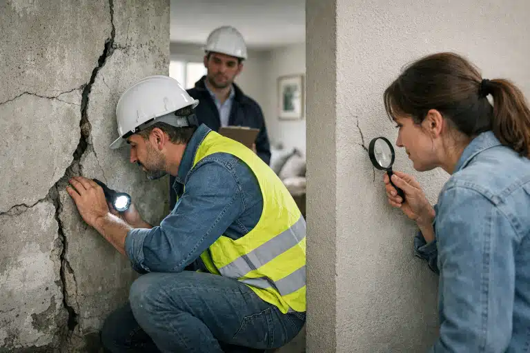 ouvriers en casque inspectant une fissure murale à la loupe