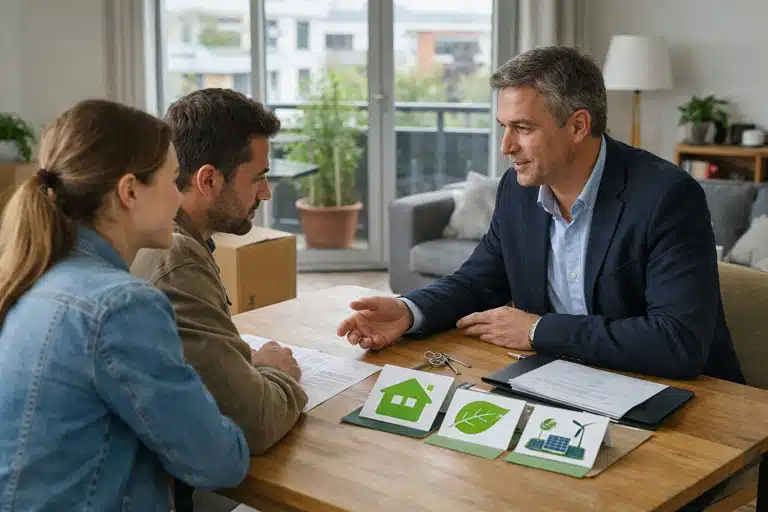 Homme en costume avec couple, tablette affichant icônes écologiques