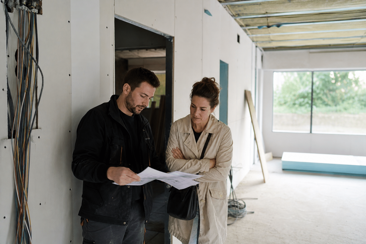Homme et femme professionnels examinant plans sur le chantier