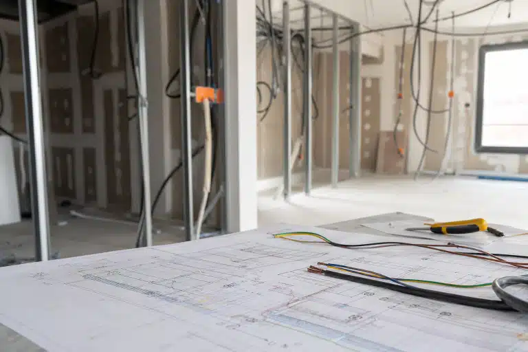 Plans d'architecte sur table, chantier intérieur à ossature métallique