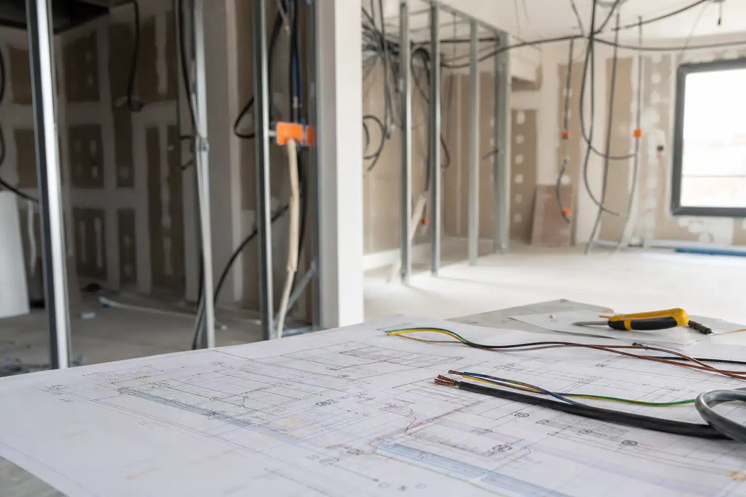 Plans d'architecte sur table, chantier intérieur à ossature métallique