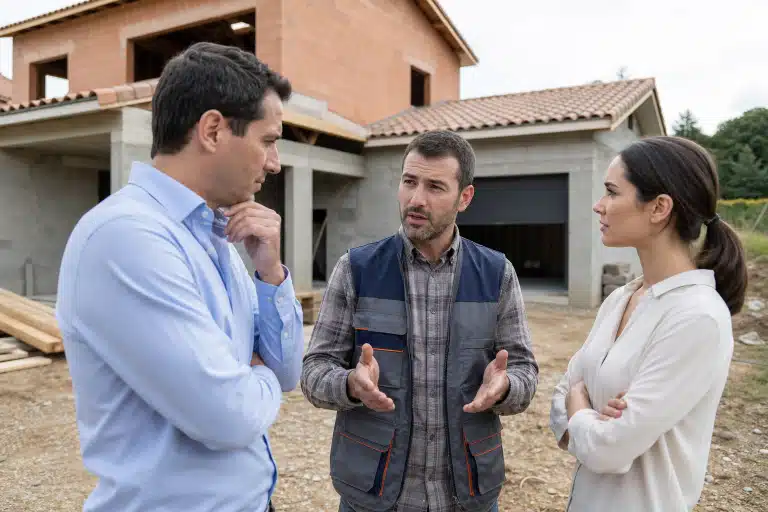 Trois adultes discutent devant une maison individuelle