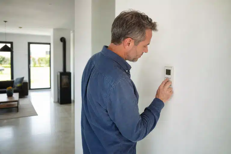 Homme réglant le thermostat mural du salon