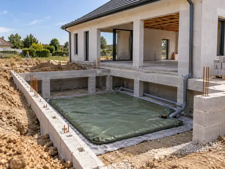 Une citerne souple pour récupération d'eau de pluie posée lors de la conception d'une maison neuve